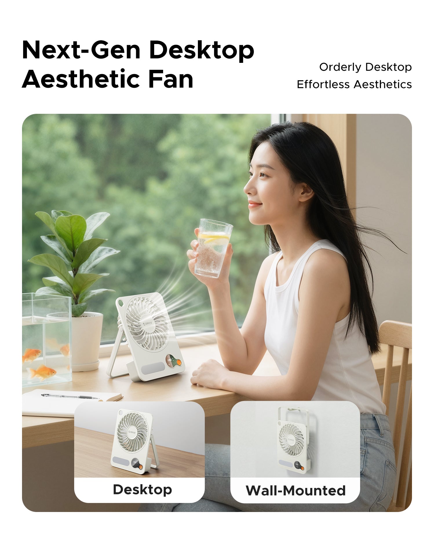 Desktop aesthetic fan – can be placed on desk or wall-mounted for organized workspace

