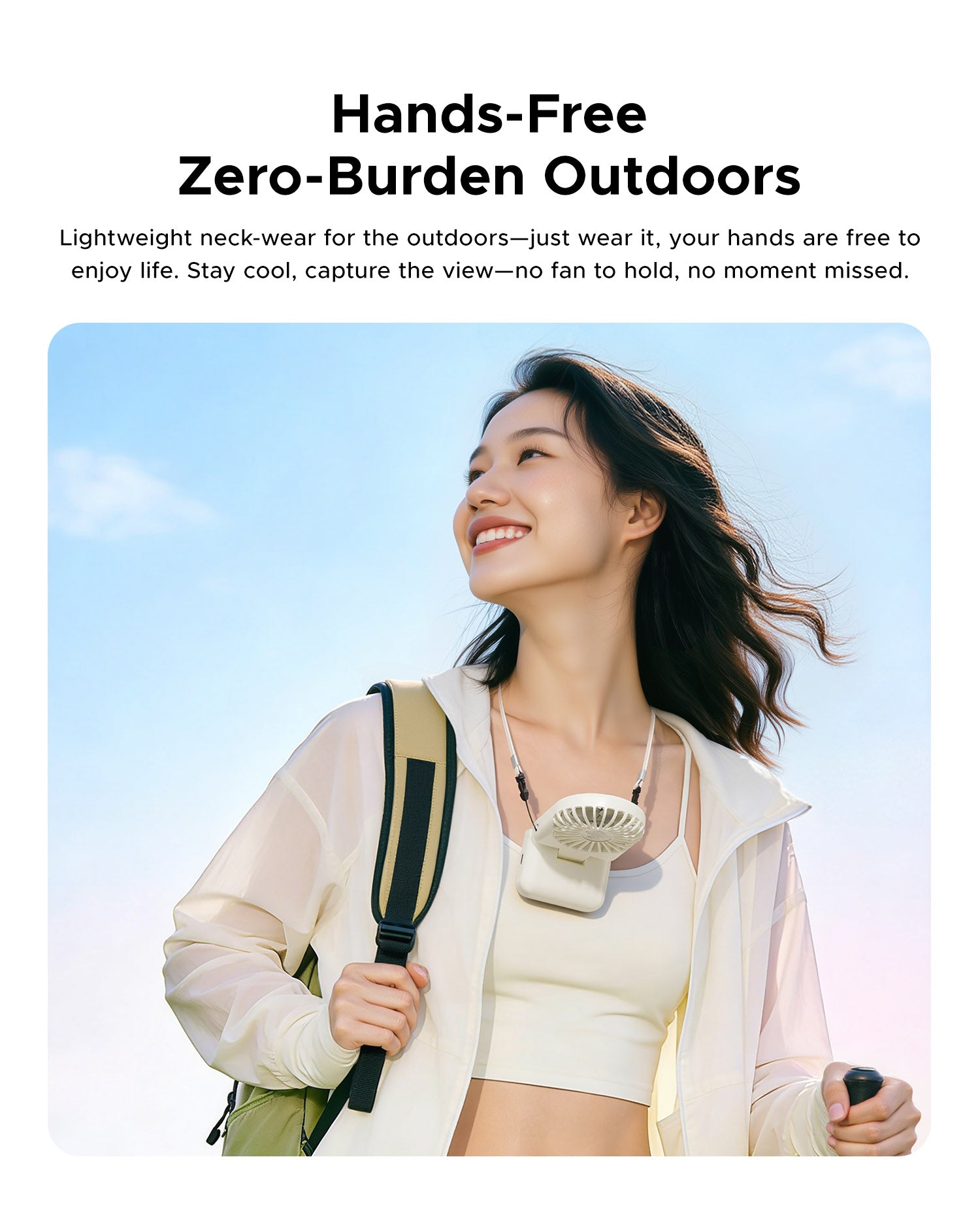 Girl with backpack wearing ORICO ReFan hands-free neck fan outdoors for hiking and daily travel cooling
