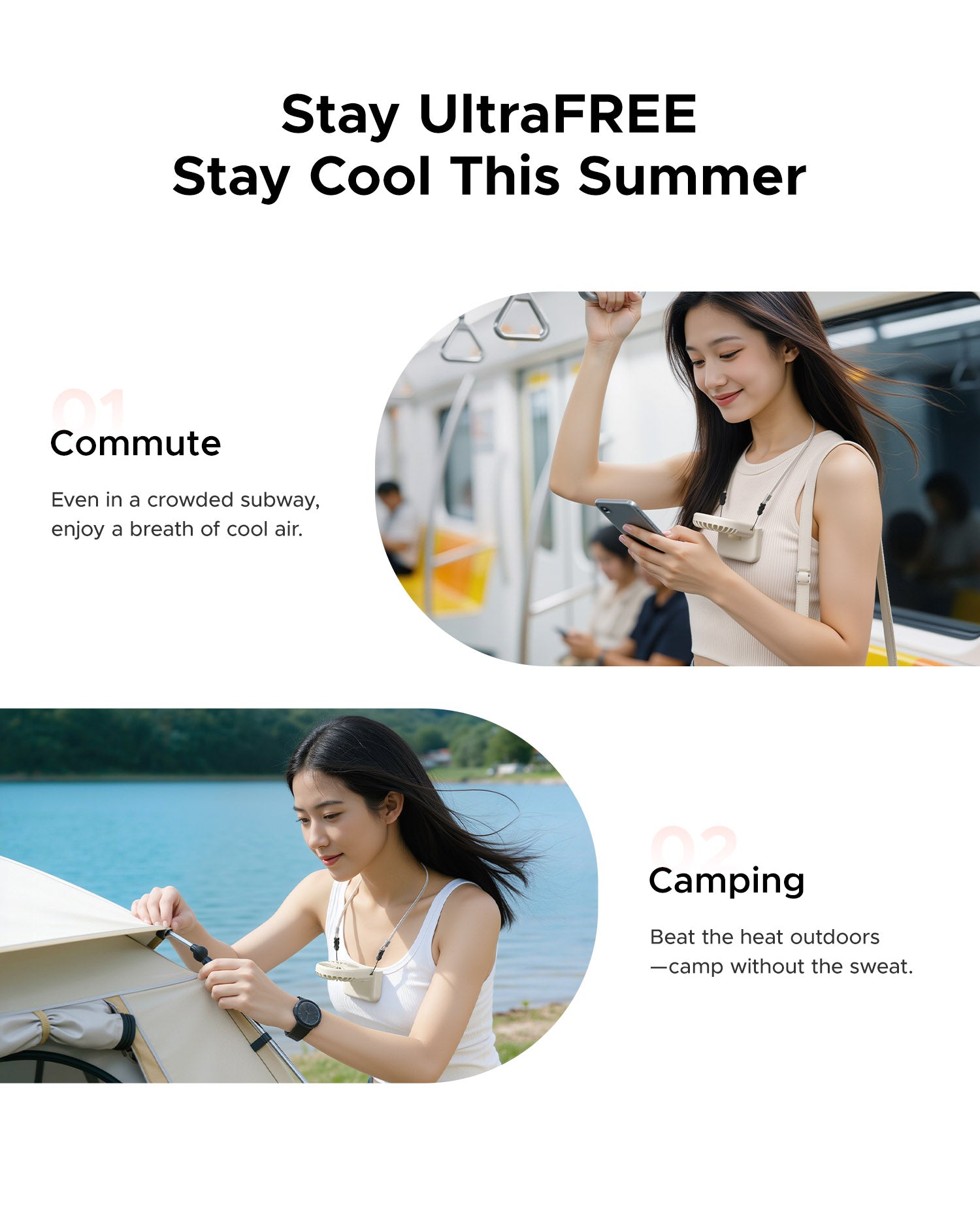 Multi-scene usage of ORICO ReFan neck fan, subway commute and outdoor camping hands-free cooling application