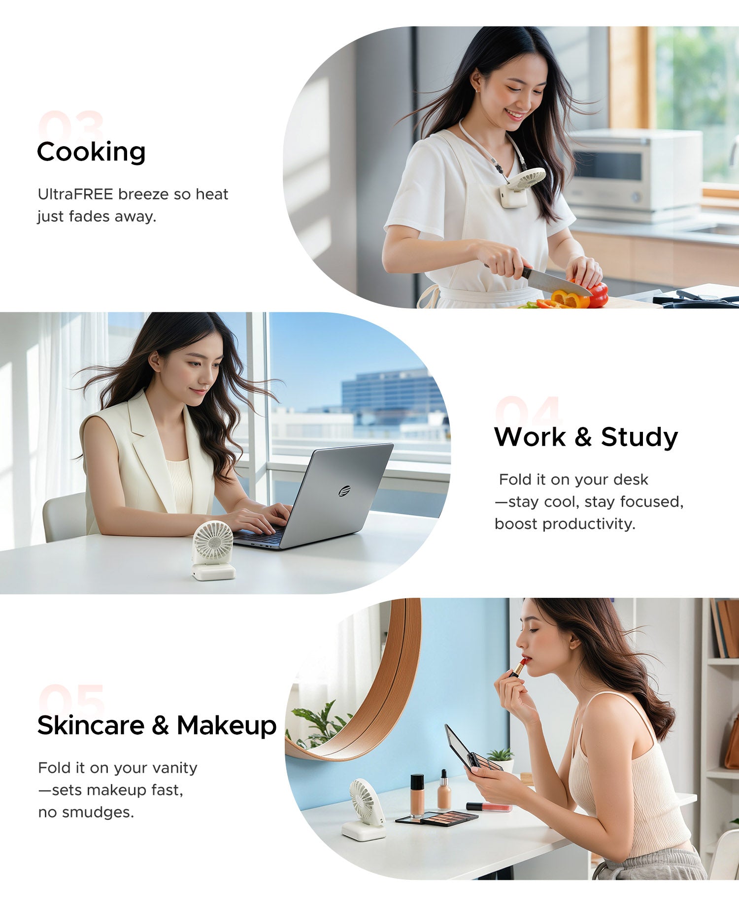 ORICO ReFan portable fan indoor usage: kitchen cooking, desk work, vanity makeup cooling for daily household