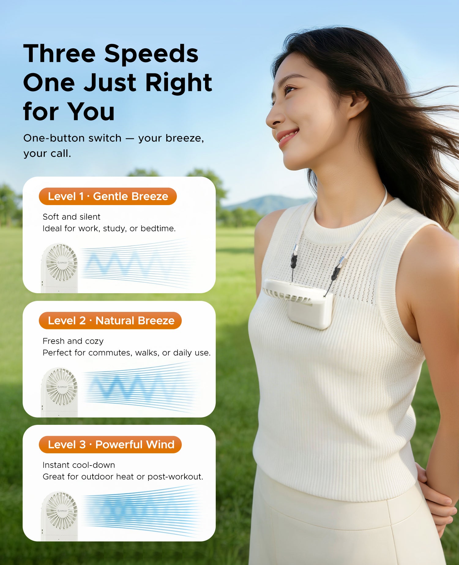 ORICO ReFan 3 adjustable wind speeds portable neck fan, gentle natural powerful airflow modes for different daily use